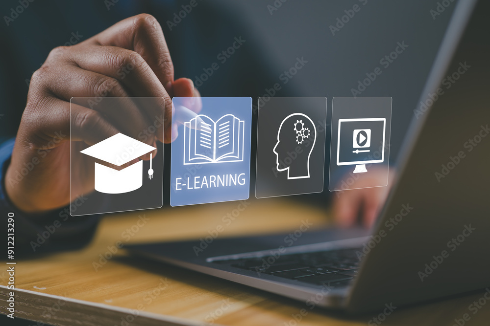 Poster online education and e-learning concepts. a man interacts with e-learning icons virtually, signifyin