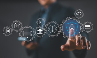 Cybersecurity Management and Data Protection Concept. Showcasing a cyber security management interface with icons representing secure data, cloud storage, and network protection. Encryption privacy,