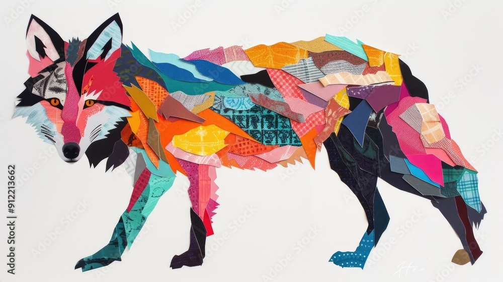 Poster striking digital collage featuring a vibrant cut out depiction of a fox surrounded by a dynamic inte