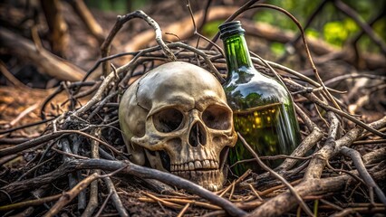 A macabre tableau of a skull and a poison bottle entangled in a web of decaying vines, evoking a sense of death and decay.  AI generated
