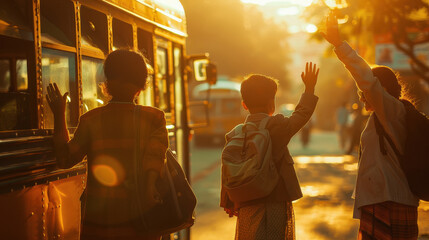 indian parents waving hands to school going kid