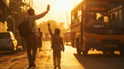 indian parents waving hands to school going kid