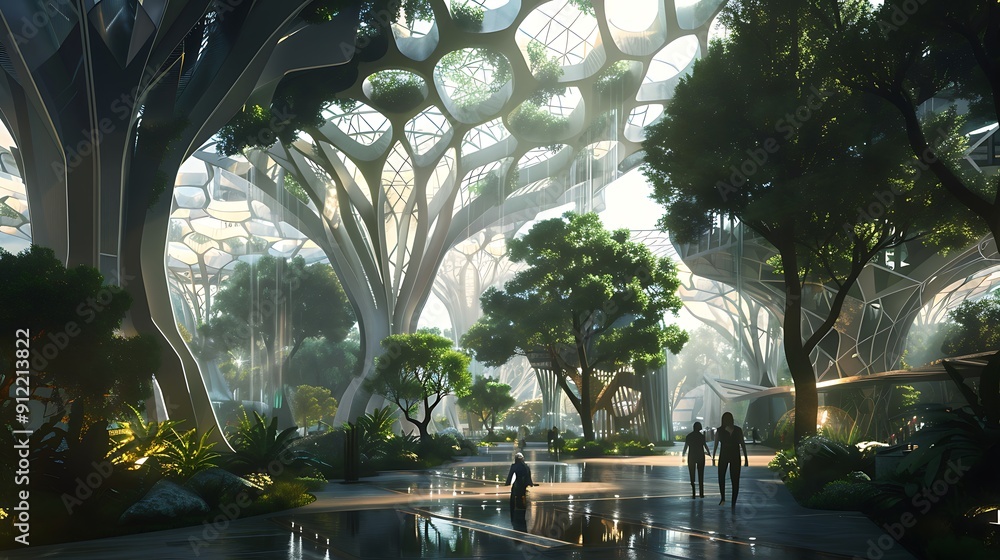 Poster futuristic cityscape with towering trees and a network of pathways. the city is designed to blend se