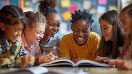 Fototapeta premium Group of young students are enjoying reading a book together in their classroom. They are laughing and having fun while they learn in the school