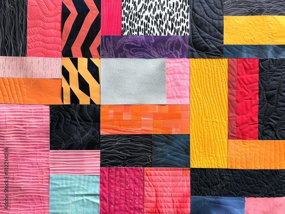 Poster visually striking collage design composed of various cut out pieces of colorful textured fabric in a