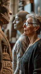 Fototapeta premium A woman observes and admires ancient sculptures in a museum setting