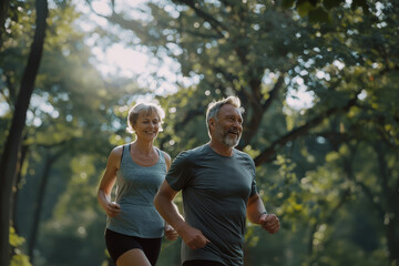 Fototapeta premium middle aged couple is jogging in the park