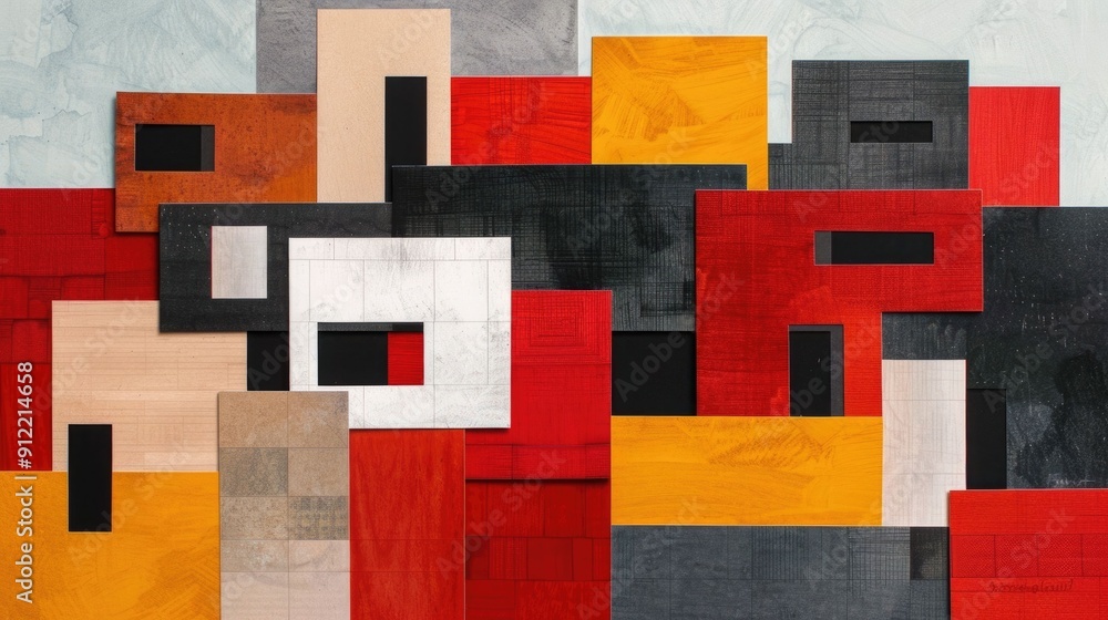Poster vibrant geometric architectural cut out collage with layered urban elements abstract digital artwork