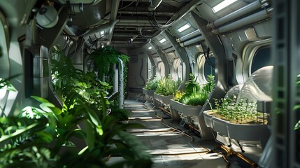 Green Corridor in a Futuristic Spaceship