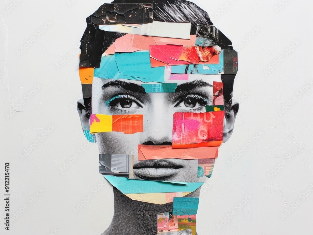 Poster striking cut out collage portrait featuring a composite of diverse facial features expressions and v