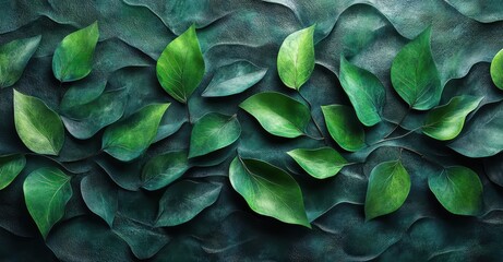 Fototapeta premium 3D Render of Abstract Green Floral Ornament and Leaf Swirls on Dark Textured Background for Wallpaper Design