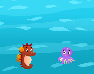 Cartoon ocean and sea coral reef animals of underwater kingdom swimming diving wit illustration for kids