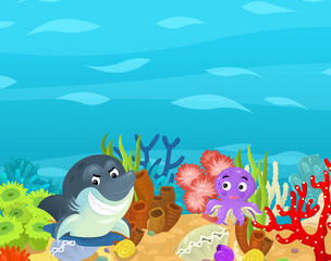 Cartoon ocean and sea coral reef animals of underwater kingdom swimming diving wit illustration for kids