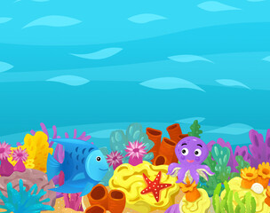 Cartoon ocean and sea coral reef animals of underwater kingdom swimming diving wit illustration for kids