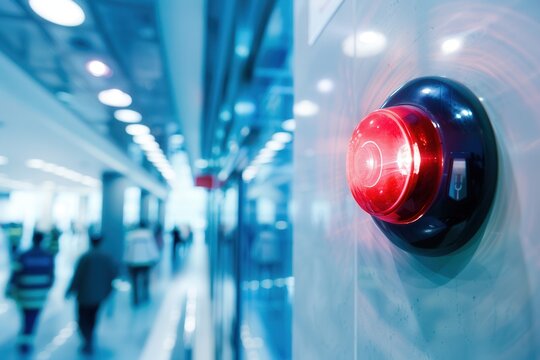 A bright red fire alarm with a flashing light and button is mounted on a wall in a bustling public area during an evacuation drill. Generative AI