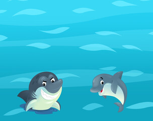 Cartoon ocean and sea coral reef animals of underwater kingdom swimming diving wit illustration for kids