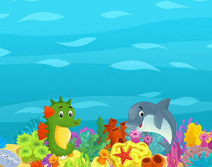 Cartoon ocean and sea coral reef animals of underwater kingdom swimming diving wit illustration for kids