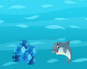 Cartoon ocean and sea coral reef animals of underwater kingdom swimming diving wit illustration for kids