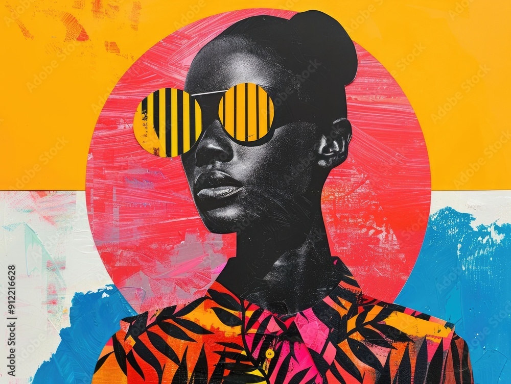 Poster striking psychedelic collage artwork featuring bold geometric patterns vibrant colors and dynamic gr