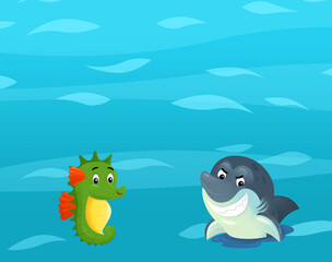 Obraz premium Cartoon ocean and sea coral reef animals of underwater kingdom swimming diving wit illustration for kids