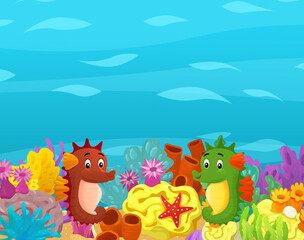 Cartoon ocean and sea coral reef animals of underwater kingdom swimming diving wit illustration for kids