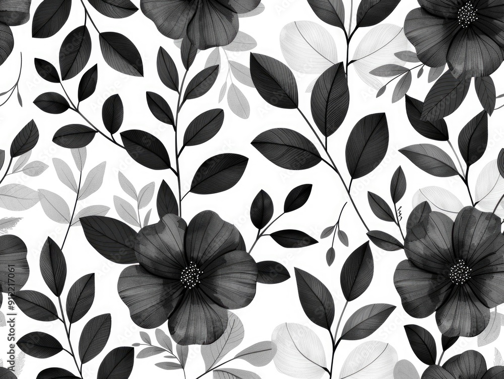 Poster elegant monochrome floral background with delicate overlapping leaves and petals in a minimal botani