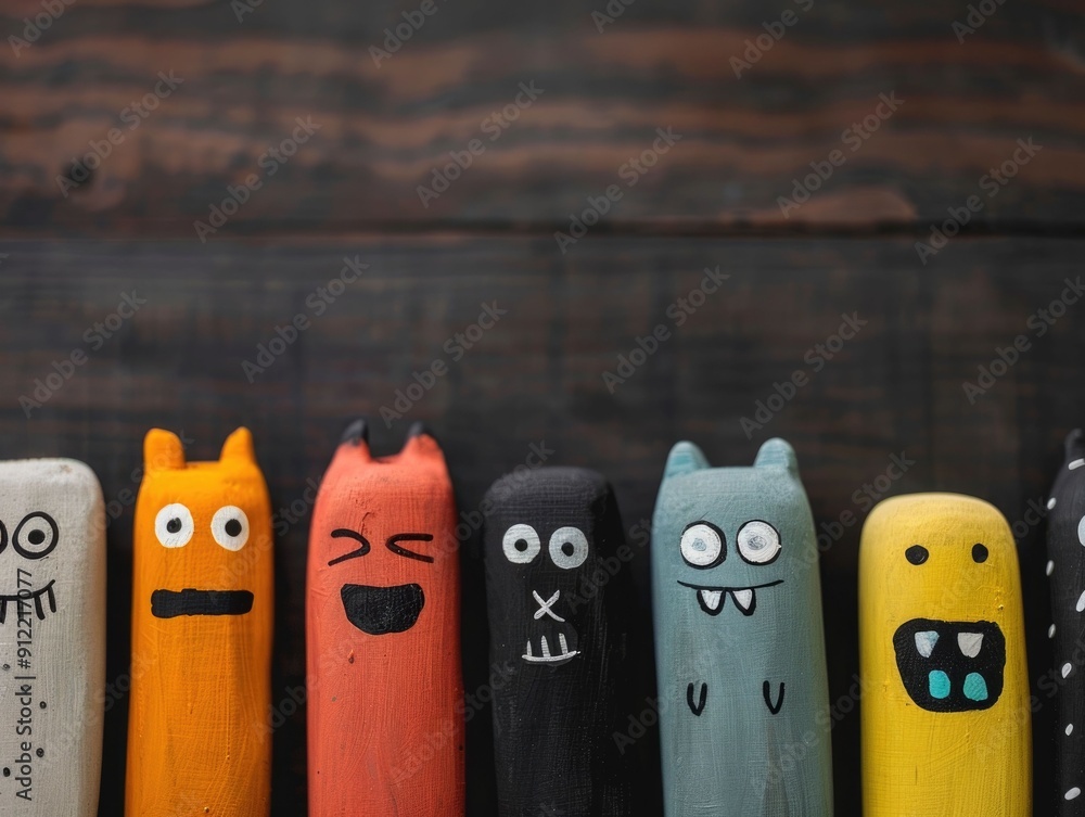 Poster vibrant and whimsical doodle art featuring a collection of playful characters with unique expression