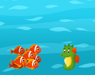 Fototapeta premium Cartoon ocean and sea coral reef animals of underwater kingdom swimming diving wit illustration for kids