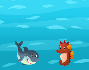 Cartoon ocean and sea coral reef animals of underwater kingdom swimming diving wit illustration for kids