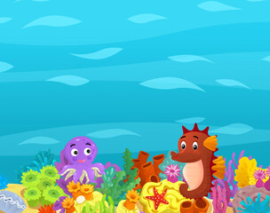 Cartoon ocean and sea coral reef animals of underwater kingdom swimming diving wit illustration for kids