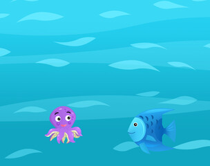 Cartoon ocean and sea coral reef animals of underwater kingdom swimming diving wit illustration for kids