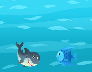 Cartoon ocean and sea coral reef animals of underwater kingdom swimming diving wit illustration for kids