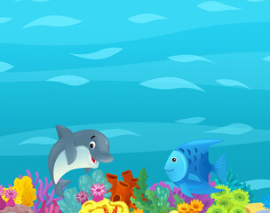 Cartoon ocean and sea coral reef animals of underwater kingdom swimming diving wit illustration for kids