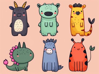 Cute whimsical doodle art cartoon animal characters in a variety of fun playful poses  Colorful expressive with a hand drawn sketchy style  Perfect for children s products greeting cards stickers