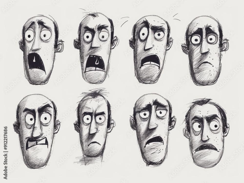 Poster quirky whimsical doodle art sketches featuring a collection of faces with exaggerated distorted feat