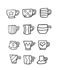 set of doodle cups hand drawn sketch isolated on white background