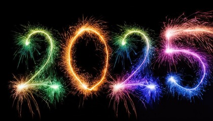 Sparkler 2025 text colorful firework illumination on dark blue sky background, happy new year 2025 concept