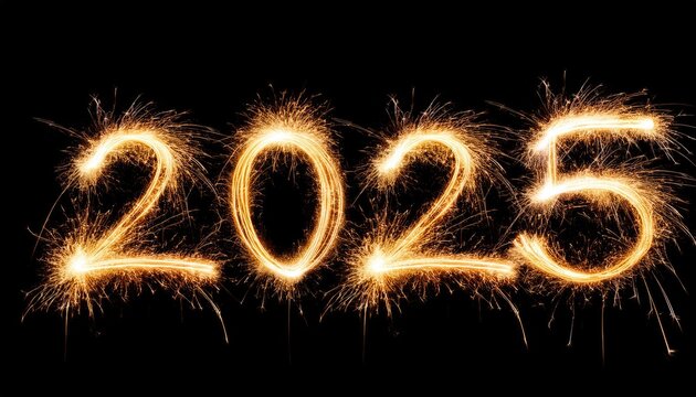 Sparkler 2025 text colorful firework illumination on dark blue sky background, happy new year 2025 concept