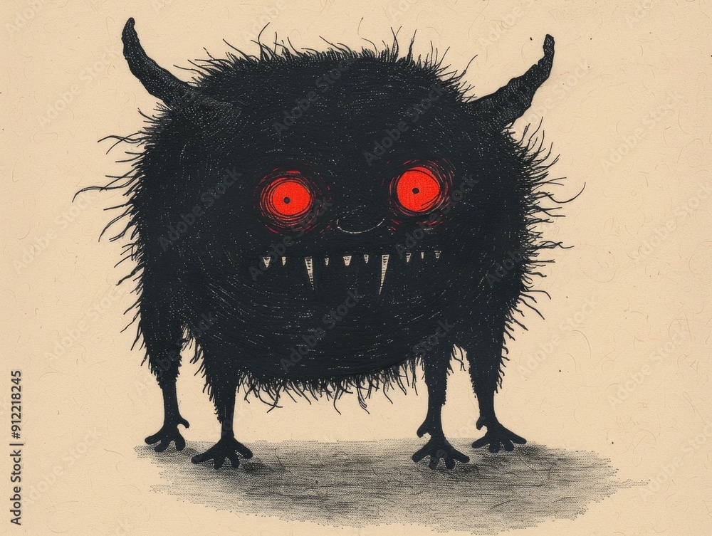 Aufkleber whimsical doodle style of a quirky furry fantasy creature with fiery red eyes sharp teeth and expres