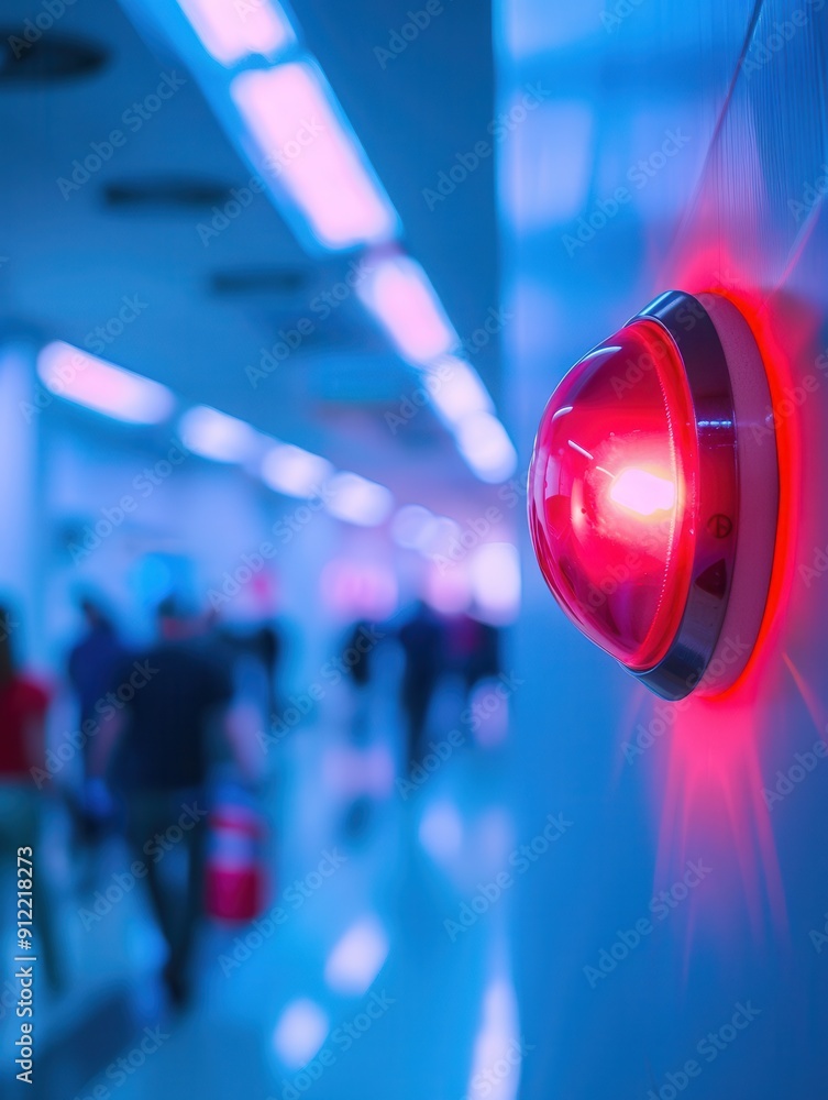 Poster A bright red fire alarm with a flashing light and button is mounted on the wall, alerting occupants during an emergency drill in a busy public area. Generative AI