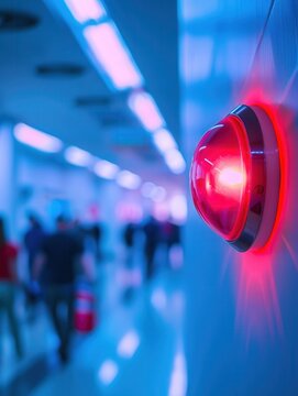 A bright red fire alarm with a flashing light and button is mounted on the wall, alerting occupants during an emergency drill in a busy public area. Generative AI