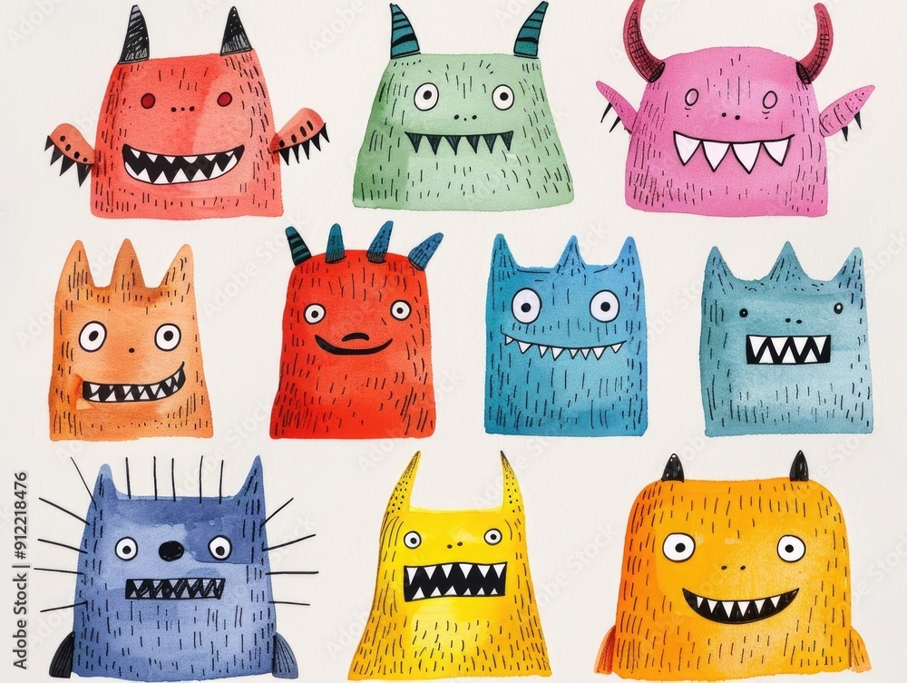 Aufkleber this vibrant and whimsical collection of doodle art showcases a diverse array of friendly quirky mon