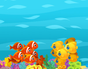 Cartoon ocean and sea coral reef animals of underwater kingdom swimming diving wit illustration for kids
