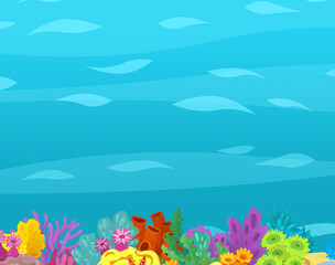 Cartoon ocean and sea coral reef animals of underwater kingdom swimming diving wit illustration for kids