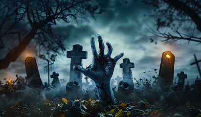 Zombie Hand Rising Out Of A Graveyard In Spooky Night