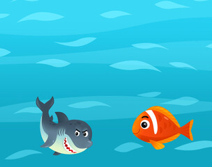 Cartoon ocean and sea coral reef animals of underwater kingdom swimming diving wit illustration for kids