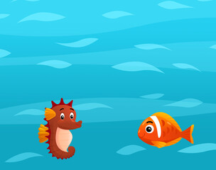 Fototapeta premium Cartoon ocean and sea coral reef animals of underwater kingdom swimming diving wit illustration for kids