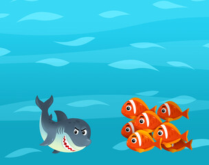 Cartoon ocean and sea coral reef animals of underwater kingdom swimming diving wit illustration for kids