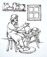 Vector drawing. Potter makes a jug