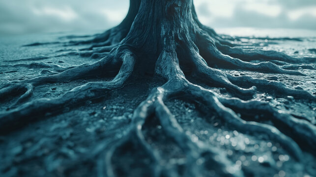 Dramatic close-up of tree roots spreading across the ground. The detailed textures and gnarled appearance highlight the strength and resilience of nature.